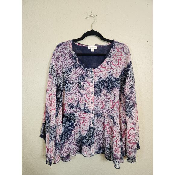 Coldwater Creek Women's Multicolor Geometric Floral Boho V-Neck Blouse Size 1X - Picture 1 of 7